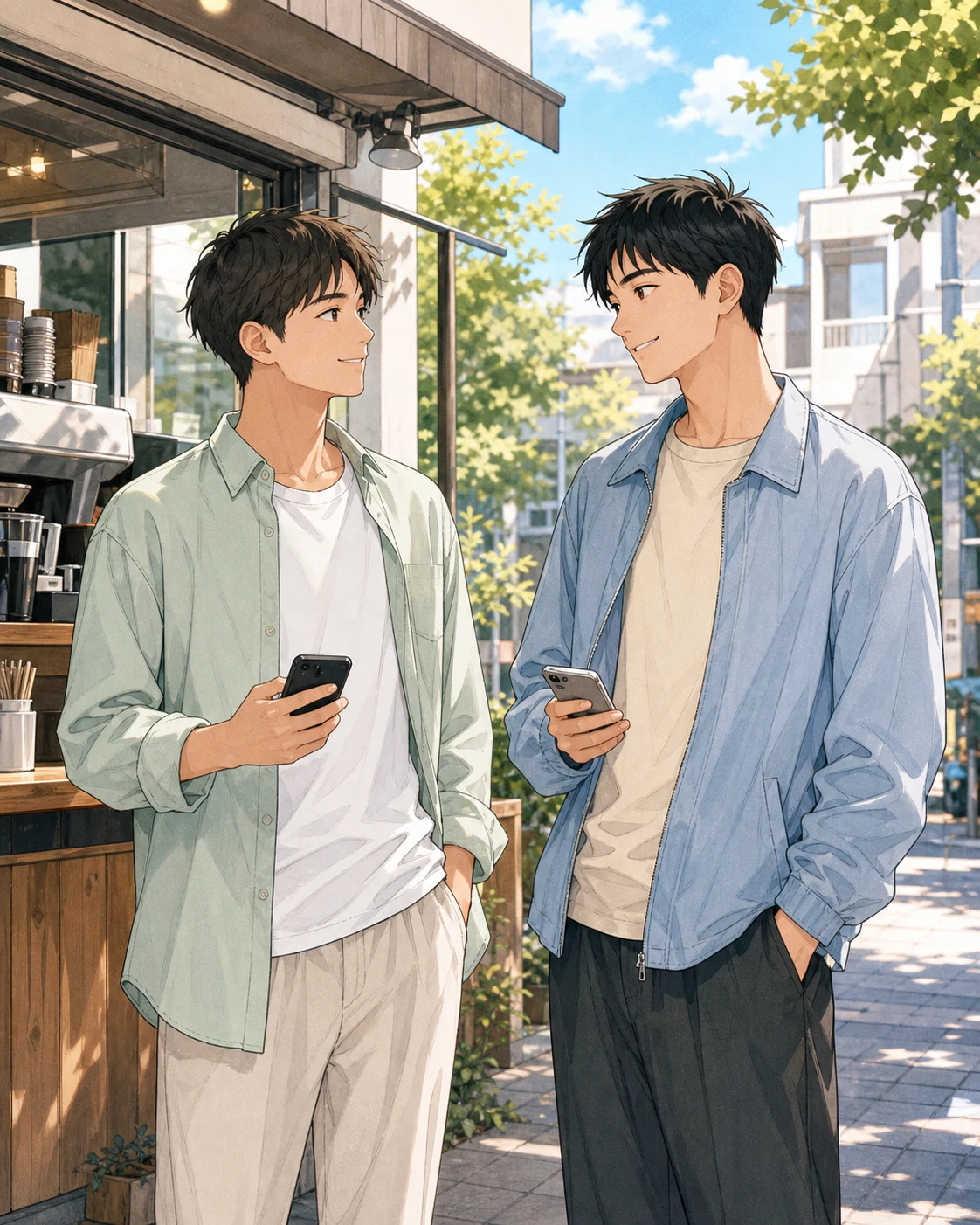 街のコーヒースタンドで話す20代の二人の男性