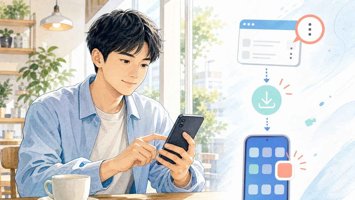 AndroidでWebアプリの追加を確認する20代の男性のイラスト