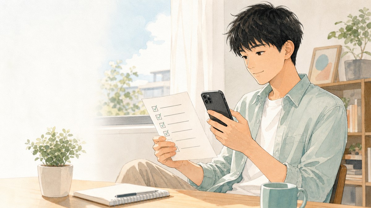 スマートフォンとチェックリストを確認する20代の男性
