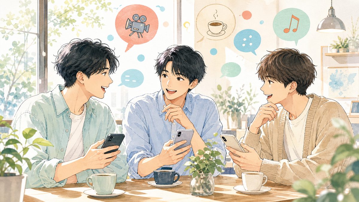 趣味の話題をきっかけにグループで会話する20代の男性三人のイラスト