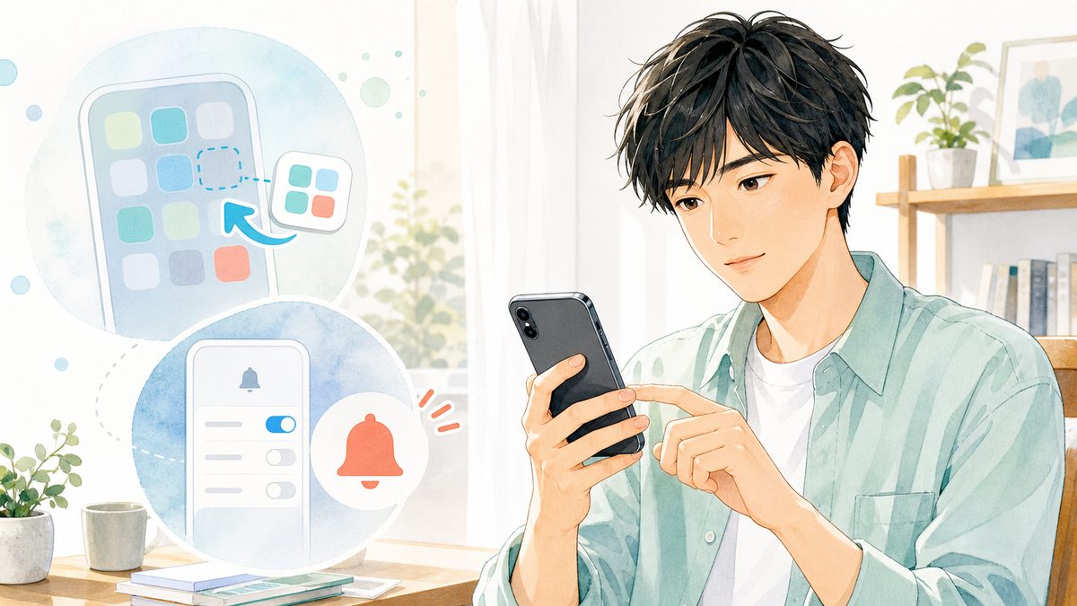 iPhoneでホーム画面への追加と通知を確認する20代の男性