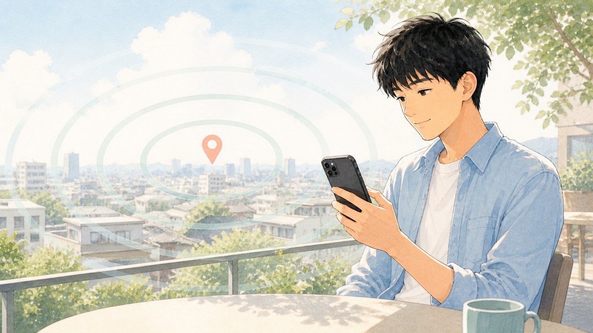 位置情報の公開範囲をスマートフォンで確認する20代の男性