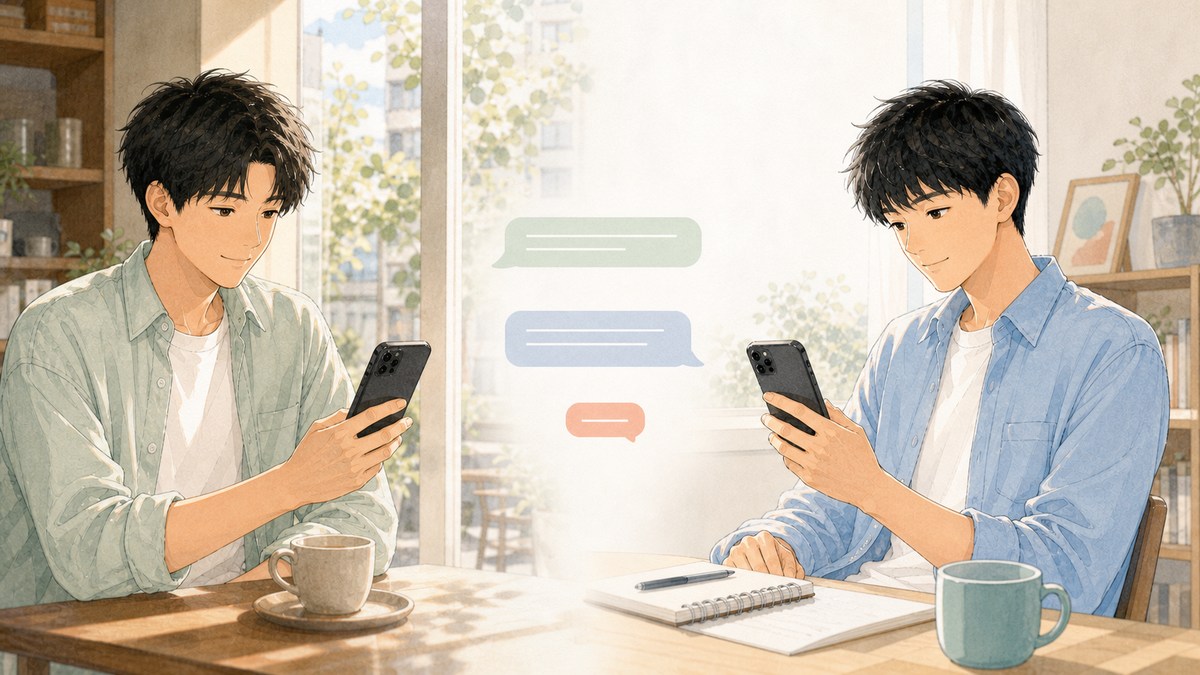 スマートフォンで短いメッセージを交わす20代の男性二人