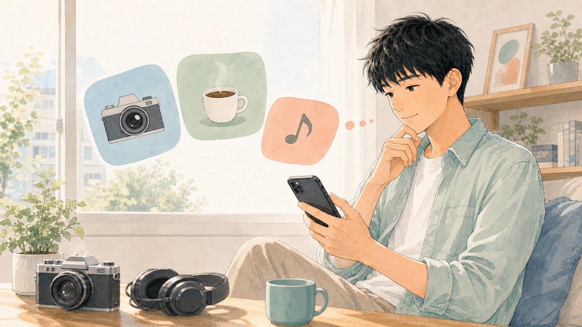 趣味を考えながらプロフィールを作る20代の男性