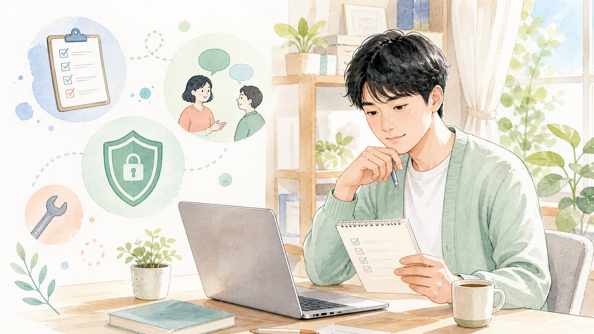 問い合わせや公開範囲の確認項目を見ながらサービスを運営する男性のイラスト