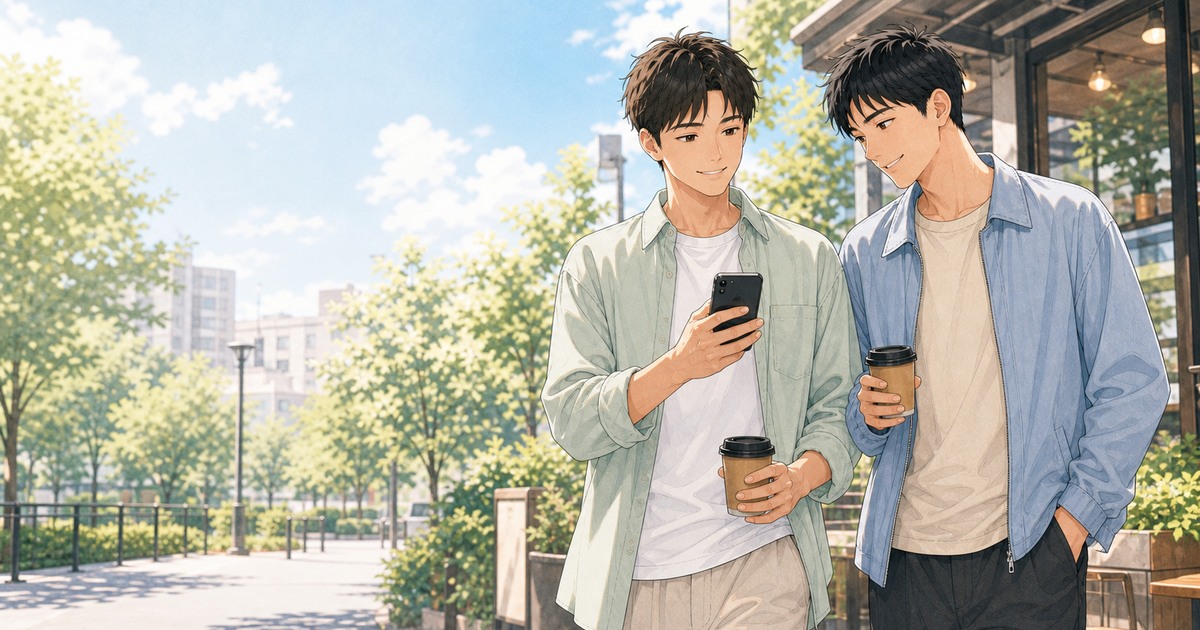 晴れた街でスマートフォンを見る20代の男性二人